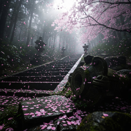 Cherry blossoms and stone stairs in a foggy forest.の素材