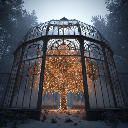 Garden in winter with christmas tree and golden lights at nightの素材