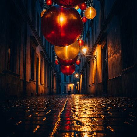 Street with red lanterns at night in Prague, Czech Republic.の素材