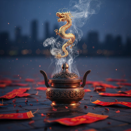 Chinese dragon in a pot on the terrace with red lanternsの素材