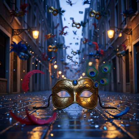 3d illustration of a carnival mask on a street in Veniceの素材