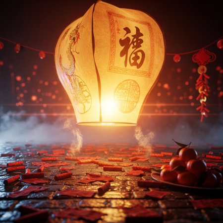 Chinese New Year lantern and red lanterns on wooden floor at nightの素材