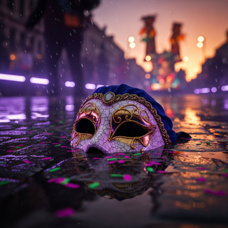 Traditional venetian carnival mask on a wet street at nightの素材