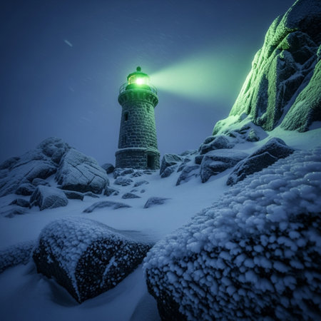 Lighthouse in the snow at night in winter. 3d renderingの素材