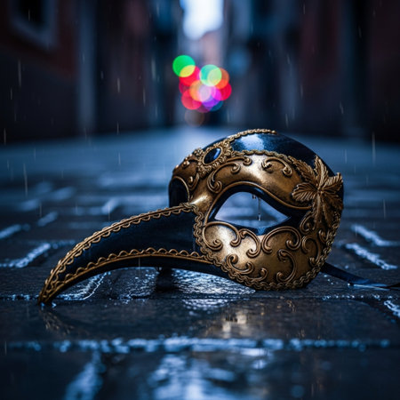 Traditional Venetian carnival mask on a wet street in Venice, Italy.の素材