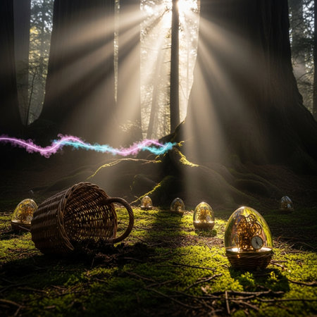 Magic forest with magic light. Fairytale scene. 3D Renderingの素材