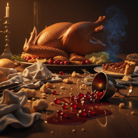 Thanksgiving day concept. Roasted turkey or chicken on wooden table with cranberry sauce.の素材