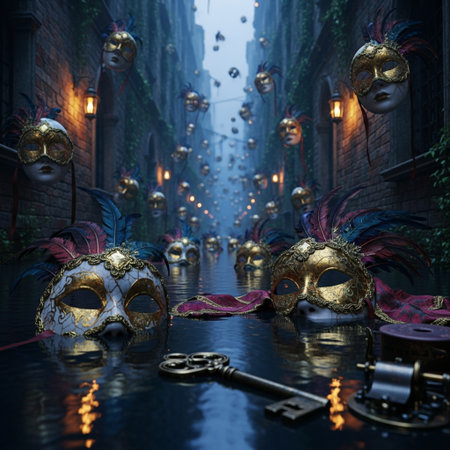 Venetian masks in the old city. 3D rendering.の素材