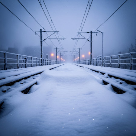 Railway tracks covered with snow in a foggy winter day.の素材