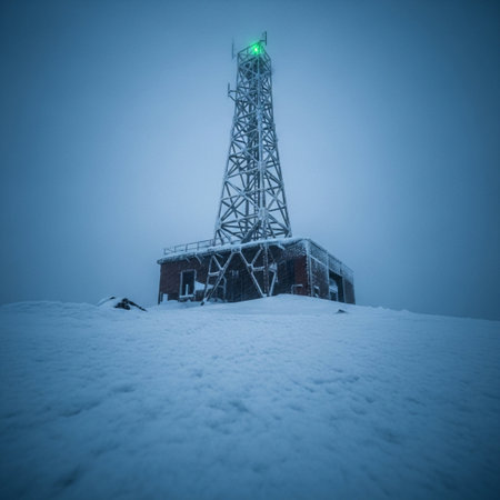 Foggy winter mountain landscape with a radio tower in the foregroundの素材