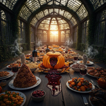 Halloween dinner table with pumpkins, wine, candies and fruitsの素材