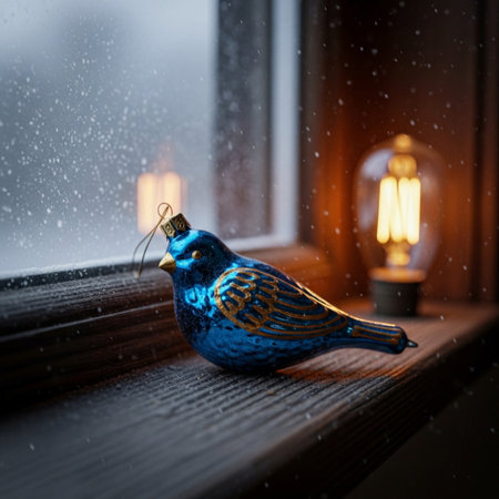 Blue Christmas toy bird on the window sill with a lantern and snowfallの素材