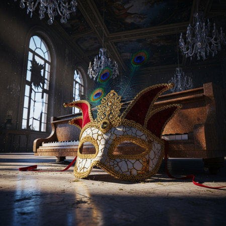 Traditional Venetian carnival mask in the interior of a palaceの素材