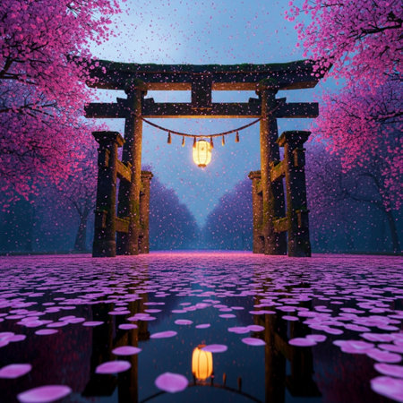 Japanese Shrine in the fog with lanterns and cherry blossoms.の素材