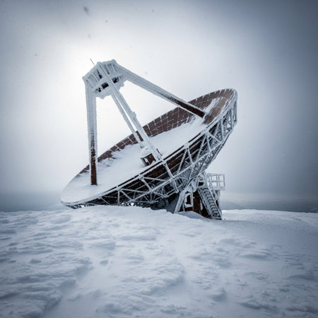 Abandoned satellite dish in the snow in the mountains in winterの素材