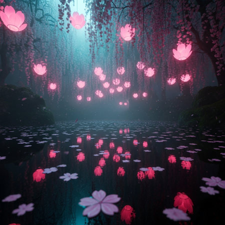 Cherry blossom in foggy forest. 3D rendering.の素材
