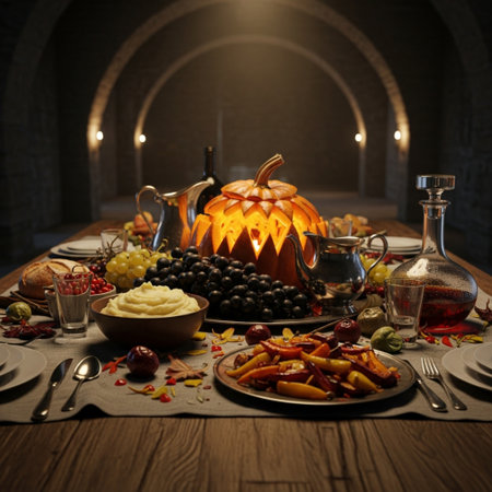 Halloween table with pumpkins, candied fruits, berries and sweetsの素材