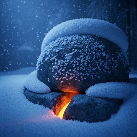 Winter landscape with a stone covered with snow and a fire in the backgroundの素材
