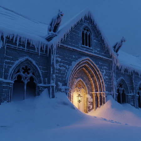 Night scene of a church in winter with snow and icicles.の素材