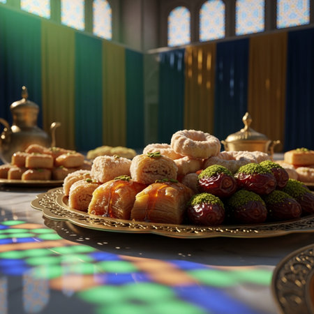 Eastern sweets on a plate in the interior of the mosque. 3d renderingの素材