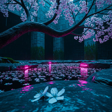 Cherry blossoms in full bloom in a park, night sceneの素材