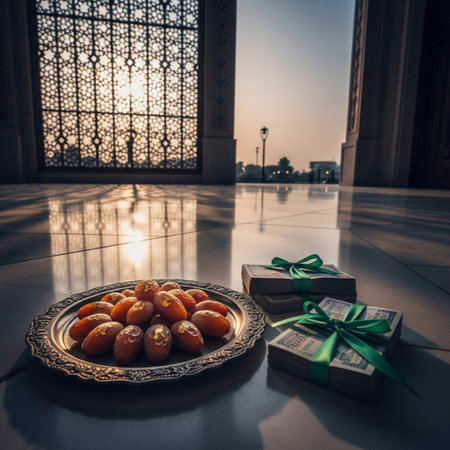 Dates and gift box on the floor in front of the mosqueの素材