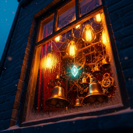 Christmas decorations on the window of a house in a winter night.の素材