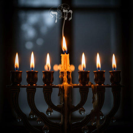 image of jewish holiday Hanukkah background with menorah (traditional candelabra) and candlesの素材