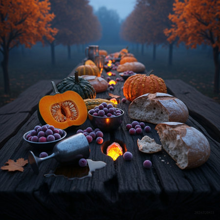 Autumn still life with pumpkins, blueberries, plums and candles on wooden tableの素材