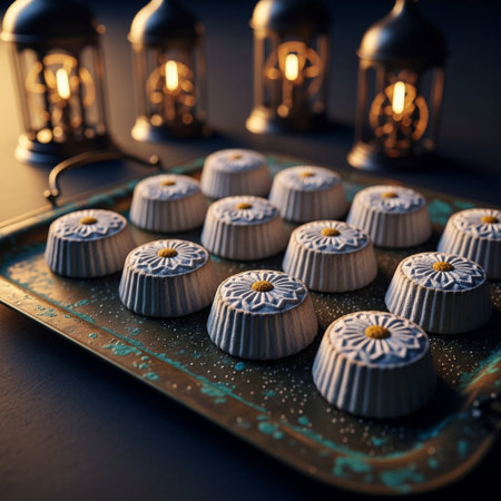Lanterns and white chocolate candies on a metal trayの素材