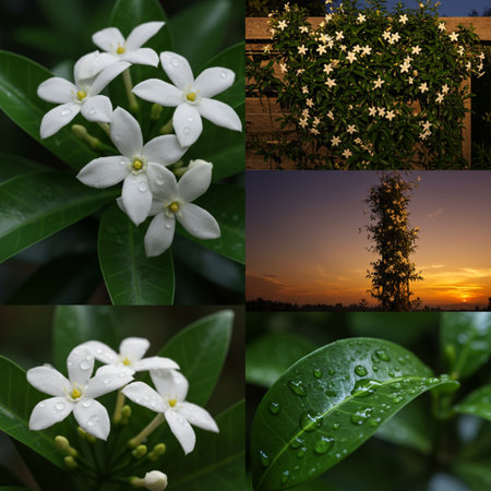 Collage of white Jasmine flowers with water drops on the leavesの素材