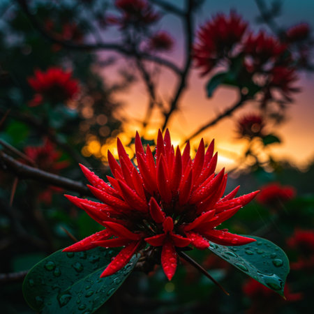 Red flower in the garden at sunset. Natural background and wallpaper.の素材