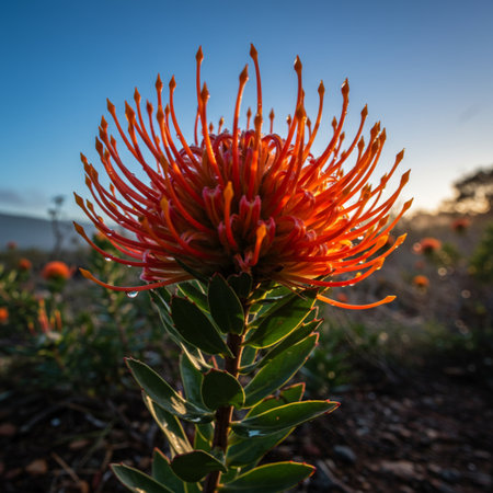 Beautiful orange protea flower in the sunset light, South Africaの素材