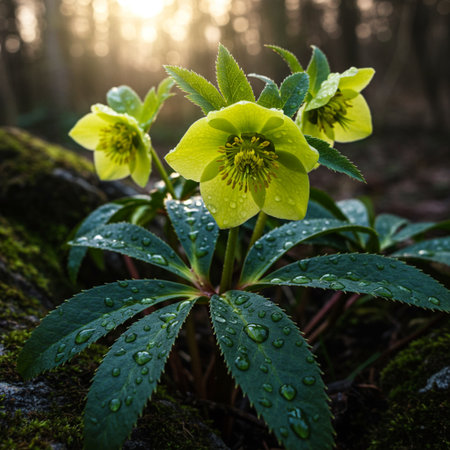 Green hellebore flower in the forest at sunrise with raindropsの素材