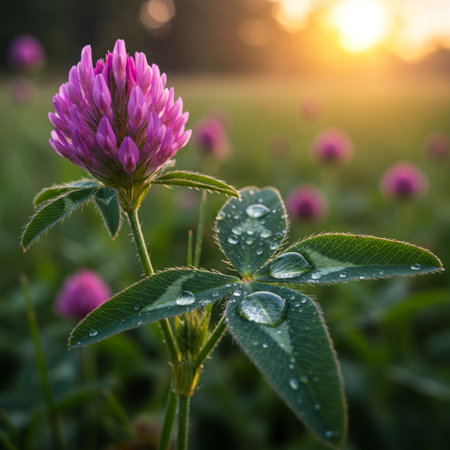 Beautiful pink clover flower with dew drops on green meadow at sunsetの素材