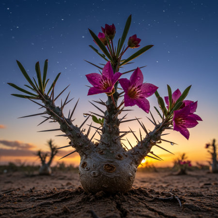 Desert flower in the desert with a starry sky background.の素材