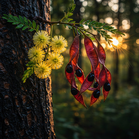 Eucalyptus tree with flowers in the forest at sunsetの素材