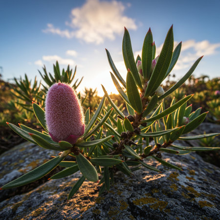 Flowering Australian native protea on a rock at sunset.の素材