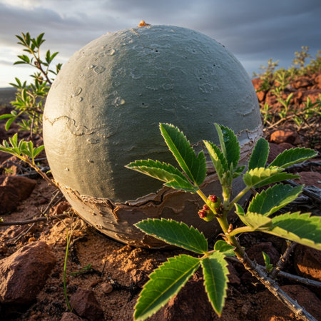Coconut shell on the ground with green plant in the backgroundの素材