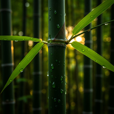 Green bamboo forest with water drops on the leaves. Nature background.の素材