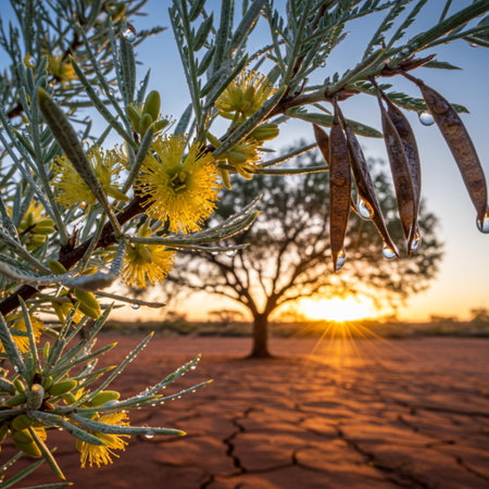Sunset in the desert with yellow flowers on the branches of a treeの素材