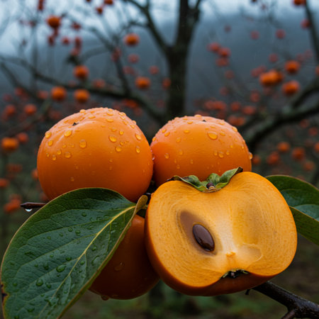 Ripe persimmon fruits on a branch with water drops.の素材