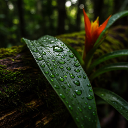 Water droplets on a leaf after rain in the rainforest.の素材