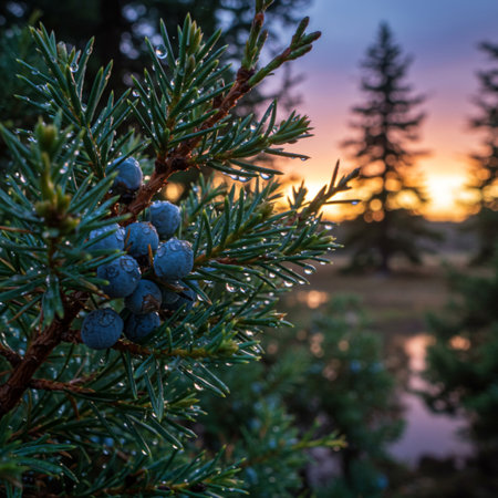 Sunset on the branches of a juniper with blue berries.の素材