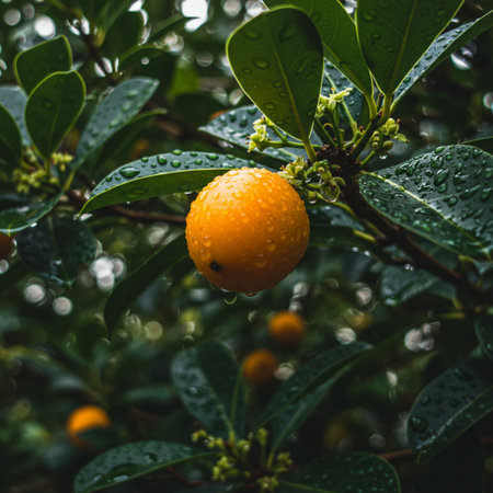 Citrus fruits on the tree with rain drops, Thailand.の素材