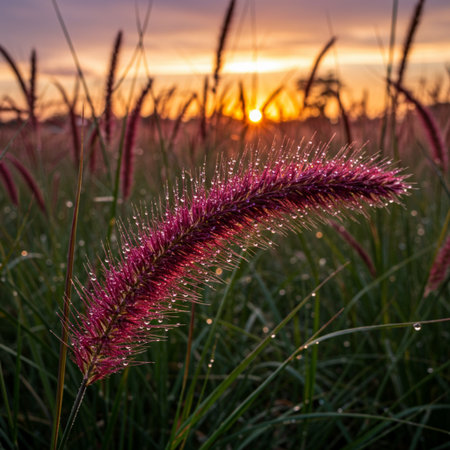 Beautiful grass flower in the field at sunset. Nature background.の素材