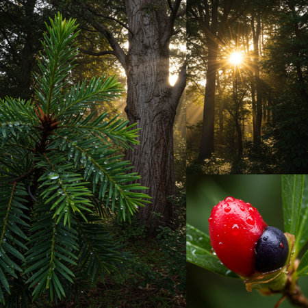 Fir tree in the forest with a red berry in the foregroundの素材