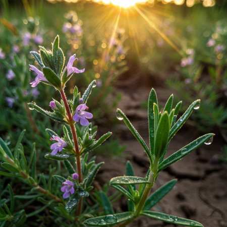 Flowering lavender with dew drops in the rays of the setting sunの素材