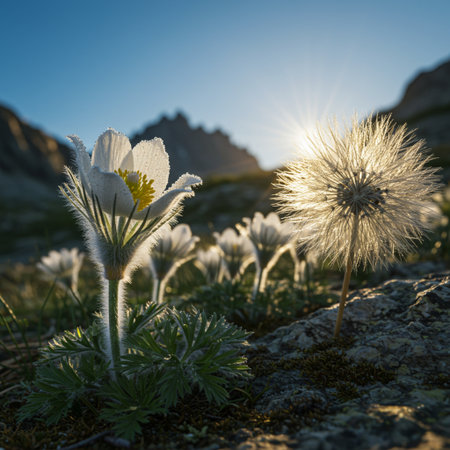 Pulsatilla patens (Pulsatilla patens) on sunset.の素材