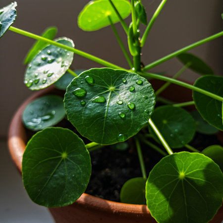 Water drops on green leaves of nasturtium plant in potの素材